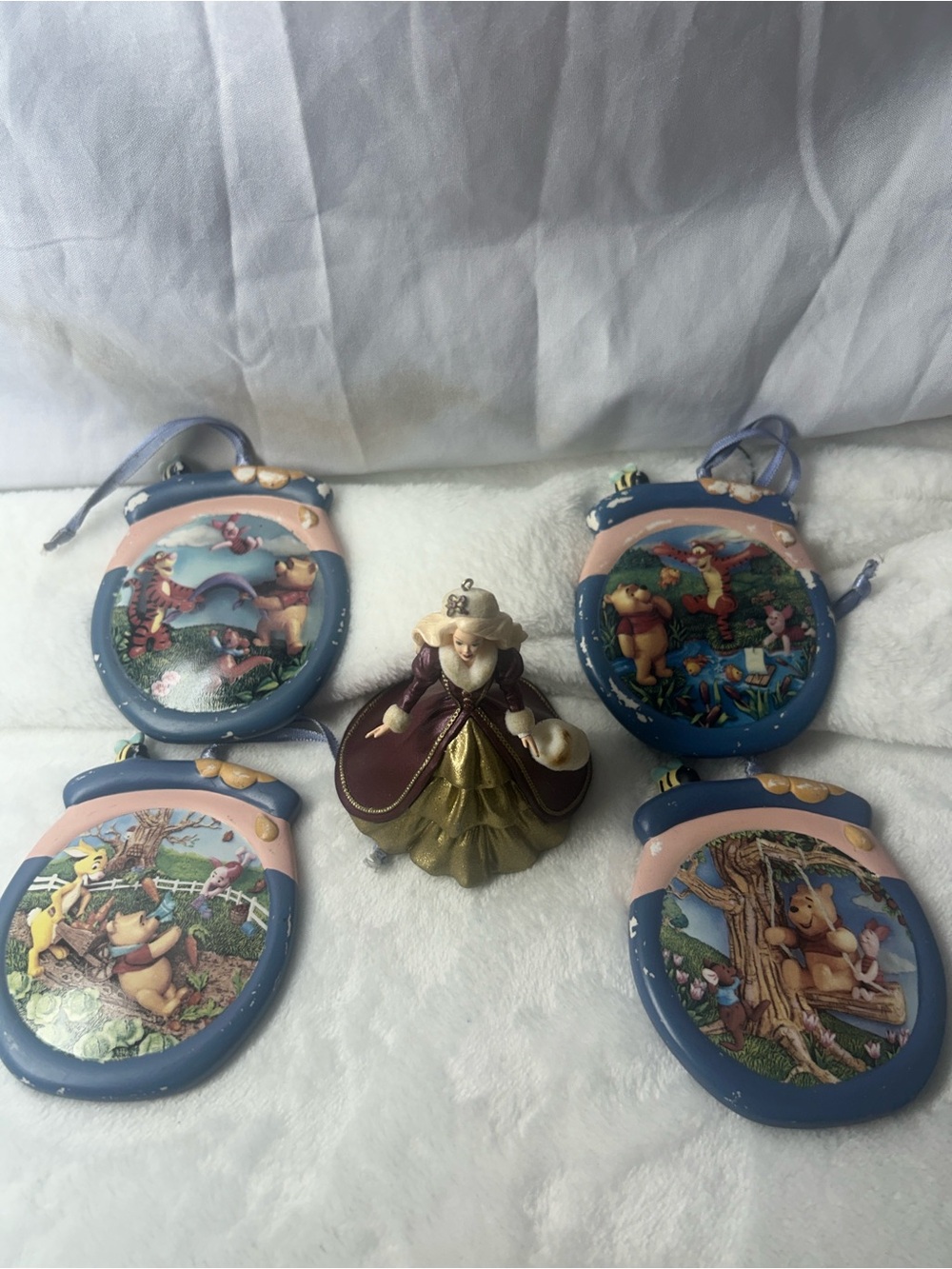 Christmas Ornament Lot - 1996 Hallmark Holiday Barbie & 4 Winnie the Pooh